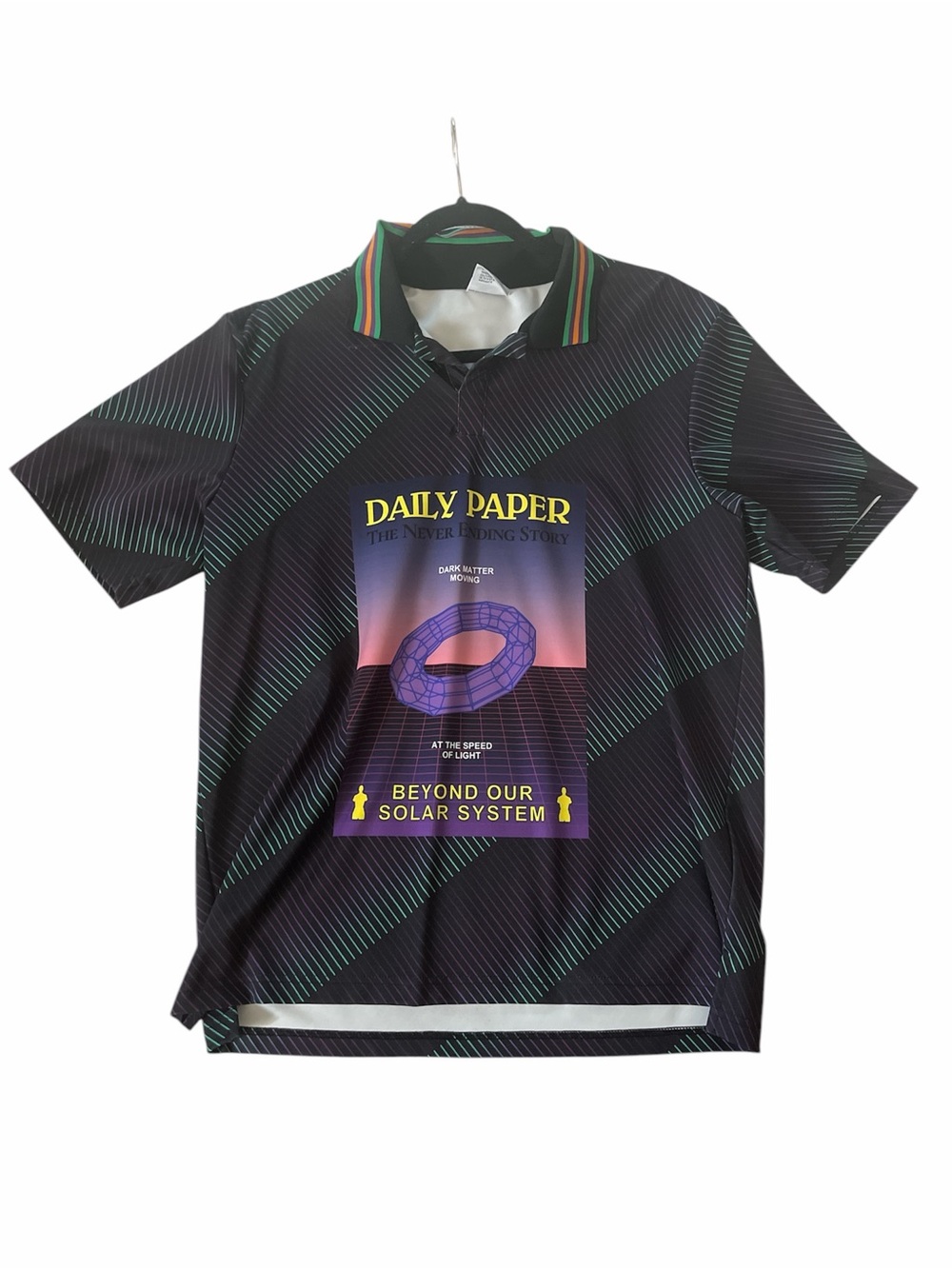 Daily Paper Black Polo with Green and Orange Trim and Purple Graphic